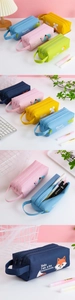 Detailed four-panel view of a large capacity cartoon animal pencil case in vibrant colors
