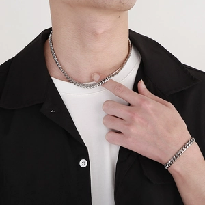 Polished silver stainless steel Cuban link chain necklace and bracelet jewelry set for men