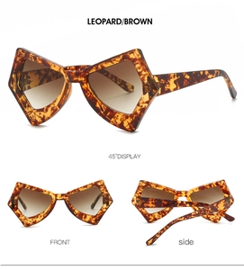 Detailed views of leopard print butterfly sunglasses from front, side and 45-degree angles