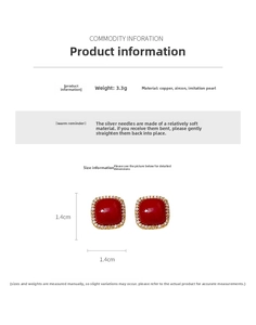 Detail view of square red zircon earrings with white zircon border and gold plating