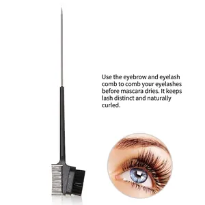 Dual-ended eyelash comb and brow brush grooming tool with fine metal teeth for lash defining