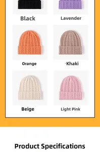 Detailed grid of cuffed knit beanies in six various colors with cable knit texture