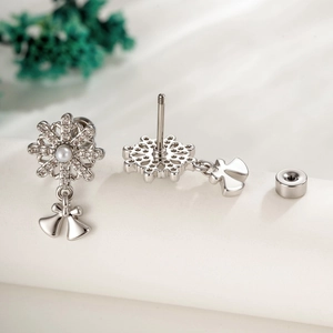 Exquisite silver snowflake stud earrings with pearl bow pendant and zircon inlay