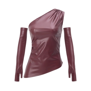 Detail of burgundy PU leather asymmetric vest with matching detached long sleeves