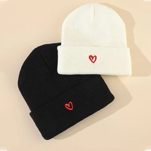 Knitted Beanie Hat Acrylic Heart Embroidery Warm Winter Fold Over Skull Cap For Men Women Casual Trendy