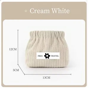 Detailed cream white corduroy makeup bag with free travel label and 13x12x5cm dimensions