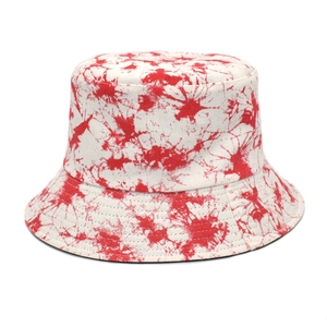 Tie-dye printed cotton bucket hat for women in red and white artistic patterns