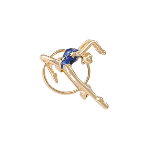 Elegant gold gymnast brooch with blue enamel inlay shown on a clean white background