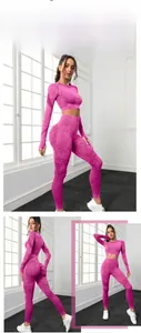 Detailed view of seamless high-waist yoga set with acid wash texture and thumbhole sleeves