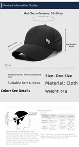 Detailed size chart for breathable baseball cap with measurements and head guide