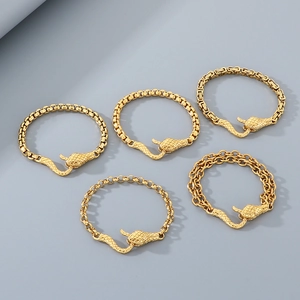 Hip hop style gold stainless steel snake head bracelets with detailed scales and chains