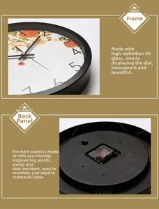 Detail of high-definition 4K glass cover and silent HIPS movement on metal wall clock