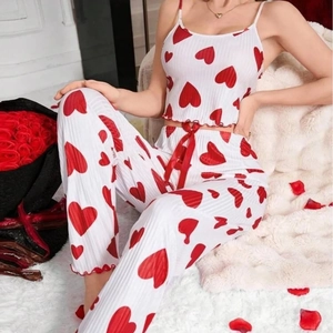Women Cami Top And Long Pants Pajamas Ribbed Knit Heart Strawberry Print Loungewear Sleepwear Sweet Romantic Home Wear