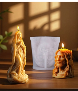 Detailed view of Virgin Mary silicone mold and finished amber religious icon wax candle