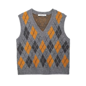 Women Argyle Knitted Vest V Neck Sleeveless Preppy Style Vintage Pullover Knitwear Gray Argyle Pattern Sweater Waistcoat