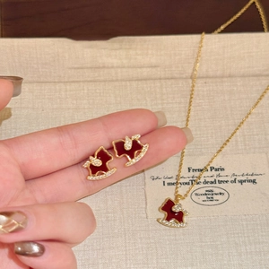 18K gold plated rocking horse jewelry set with red enamel and pavé zircon stones