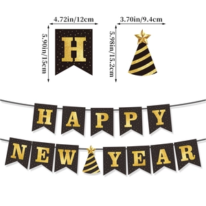 Bannière Happy New Year noir et or avec chapeau de fête et dimensions du produit