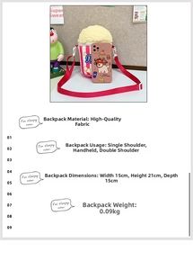 Detail view of popcorn shaped plush bag showing 15x21cm dimensions and adjustable strap