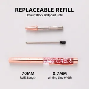 Rose gold glitter quicksand ballpoint pen with 0.7mm tip and replaceable black ink refill