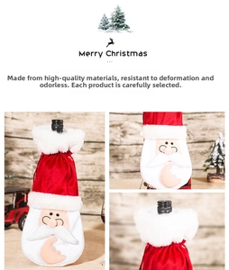 Detail of plush Santa Claus wine bottle cover with velvet fabric and white fur trim