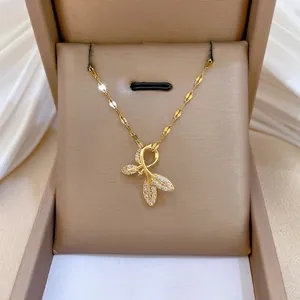 Elegant Leaf Pendant Necklace Titanium Steel Chain Copper Micro Pave Zircon Sophisticated Jewelry For Women Gold Tone