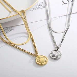 Retro 18k gold plated double layer necklace with crown pendant for men and women