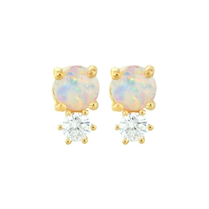 Macro shot of S925 silver gold-plated studs with iridescent opal and sparkling zircon stones