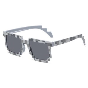 Detailed side view of pixelated 8-bit sunglasses with black and white mosaic square frames
