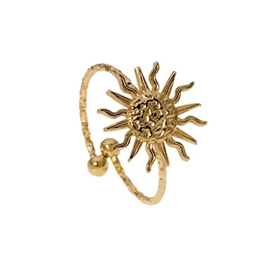 Minimalist sun motif gold ring with hammered texture and adjustable open band design