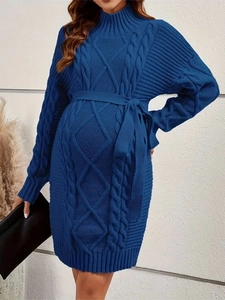 Navy blue maternity knit dress with high collar and long sleeves for autumn and winter