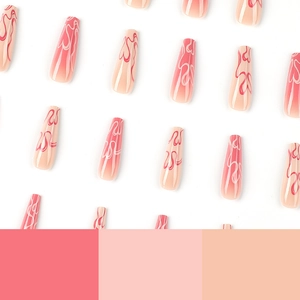 Pink and white gradient long coffin press-on nails with red heart wave patterns