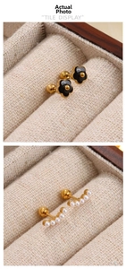 Detail of 18K gold plated titanium screw back earrings with floral and pearl designs