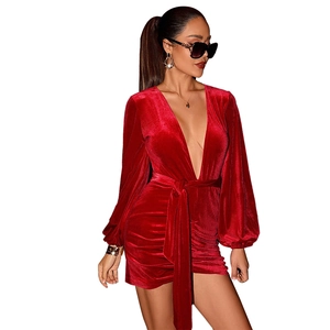 Elegant red velvet mini party dress with deep V-neck, puff sleeves and belted waist