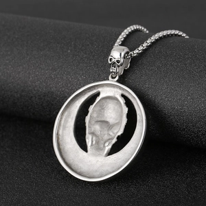 Retro angel wing mummy skull pendant in silver finish with vintage steel chain