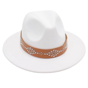 Detail of white fedora hat with brown leather band and silver metal stud embellishments