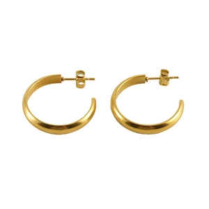Polished 18k gold plated stainless steel C-shaped hoop earrings on white background