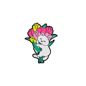 Cute enamel cat brooch holding pink tulips made of zinc alloy on white background