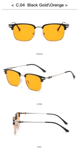 Detailed view of half-rim black gold frames with orange lenses from three angles