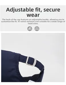 Detail of adjustable silver metal buckle on navy blue quick-dry sports cap for custom fit