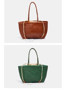 Macro detail of hand-woven leather tote bags in brown and green with drawstring lining