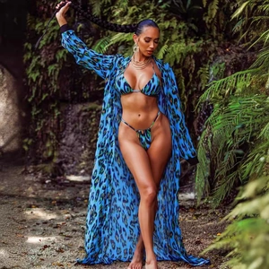 Three-piece blue and green leopard print bikini set with long beach cover-up robe