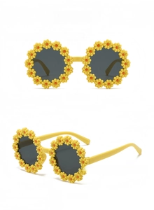 Detailed views of yellow daisy flower frames with grey lenses for kids sunglasses