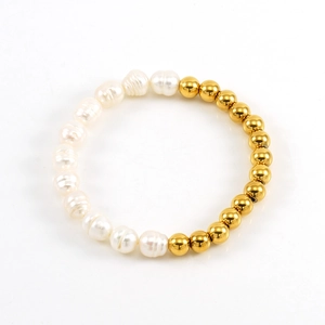 Baroque freshwater pearl and 18K gold plated bead bracelet on white background