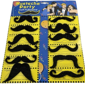 Set of 12 self-adhesive fake black mustaches in various styles for Halloween parties