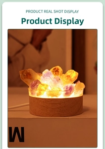 Macro shot of natural purple crystal clusters glowing on a minimalist wooden base night light
