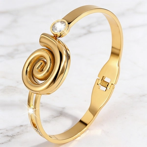 Stainless Steel Gold Plated Spiral Design Bangle With Rhinestone Inlay For Women Minimalist Elegant Fashion Jewelry Wristband