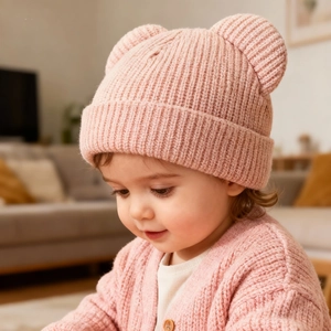 Close-up of pink knitted baby hat with bear ears and wide folded brim for winter warmth