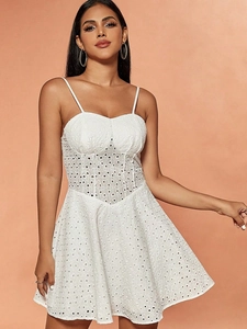 White Eyelet Embroidery Lace Mini Dress Sleeveless Spaghetti Strap Corset Style Summer Sexy A-Line Short Cami Dresses