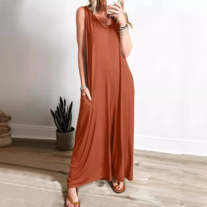 Women's casual rust red sleeveless maxi dress with pockets for summer fashion