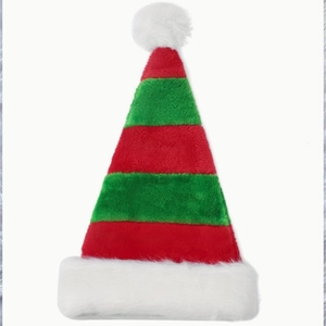 Plush Christmas hat with red and green stripes and white fur trim on white background